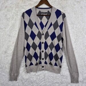 Club‎ Monaco Mens Argyle Merino Wool Cardigan Sweater Grey Blue Large Preppy
